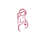Icon of a pregnant woman holding her belly with a heart, representing motherhood.