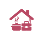 Icon of a house with a steaming pot and briefcase, symbolizing homemaking and entrepreneurship.