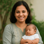 Indian mother in her 30s gently holding a newborn, smiling with warmth, symbolizing postpartum care and trusted women’s health support