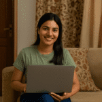 Young Indian woman in casuals working on a laptop from her home, seated confidently with natural light and simple Indian home décor in the background