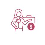 Icon of a woman in a blazer with a briefcase and currency sign, symbolizing career and financial growth.