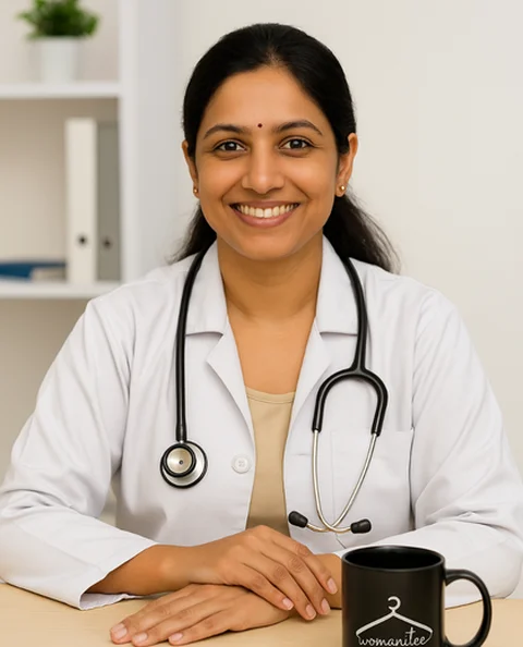 WTribe_Health_Expert_(1) Smiling Indian woman doctor in a white coat with a stethoscope, seated with a “womanitee” mug on her desk.
