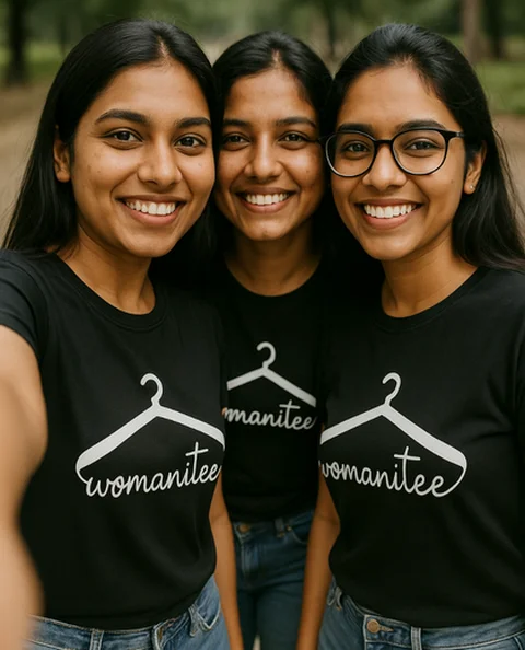 WTribe_Selfie_–_Real_Women,_Real_Vibes_(1) Three smiling Indian women wearing matching “Womanitee” t-shirts, taking a selfie in a forest path.