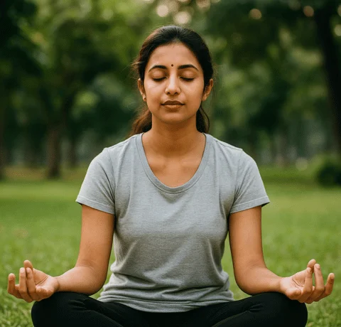 WTribe_–_Time_with_Intention_and_Energy Young Indian woman meditating in a serene park, symbolizing calm, clarity, and intentional living.
