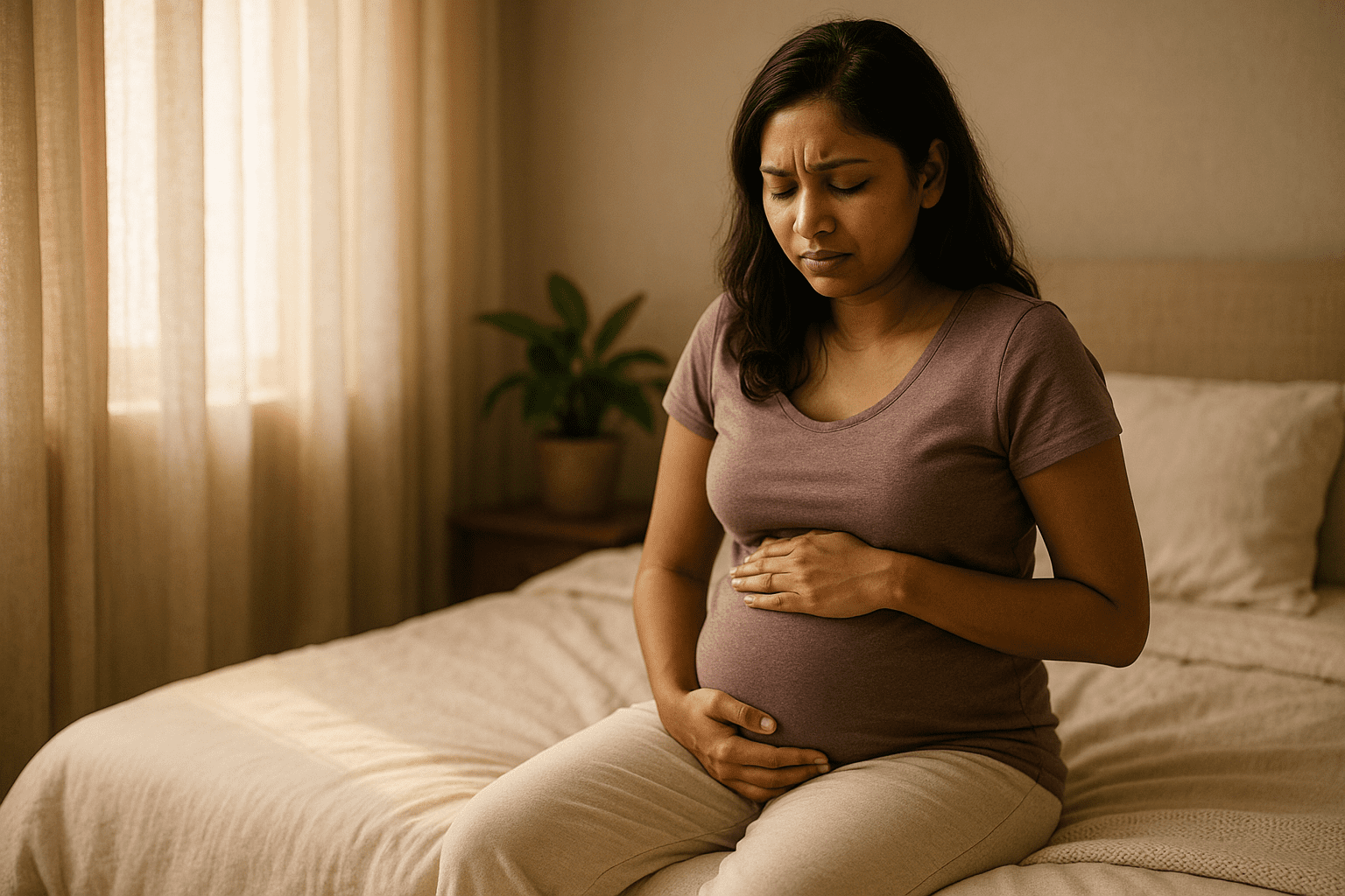 Emotional moment reflecting the quiet strength of a woman facing cramps during pregnancy