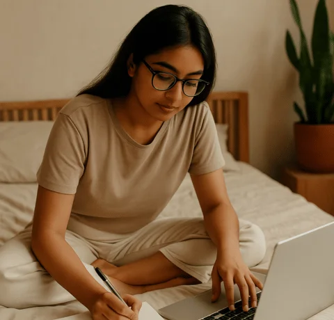 Wtribe_Digital_Income_Strategies Focused Indian woman working on a laptop from her bed, planning digital income strategies.