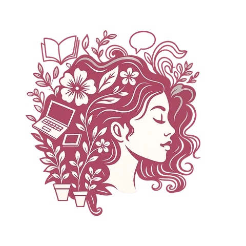 Wtribe_Home_PFor women who build with heart – symbol of empowerment through creativity and digital freedom.age_ Illustration of a confident Indian woman with plants, laptop, and books in her flowing hair — symbolizing growth, knowledge, and creativity.