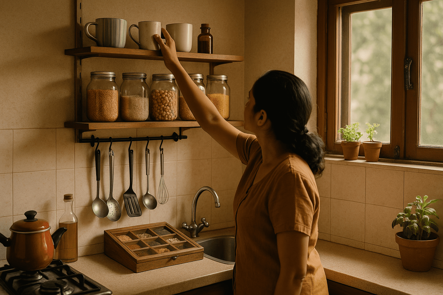 Smart and warm small kitchen organizing ideas in an Indian home with neatly arranged shelves and jars