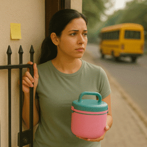 Young Indian mom holding a modern tiffin box, realizing she forgot it as the school bus leaves — a moment of learning through household hacks