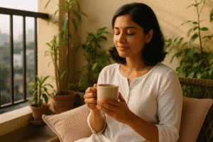 Indian woman enjoying peaceful morning on balcony, reflecting on mental and emotional health