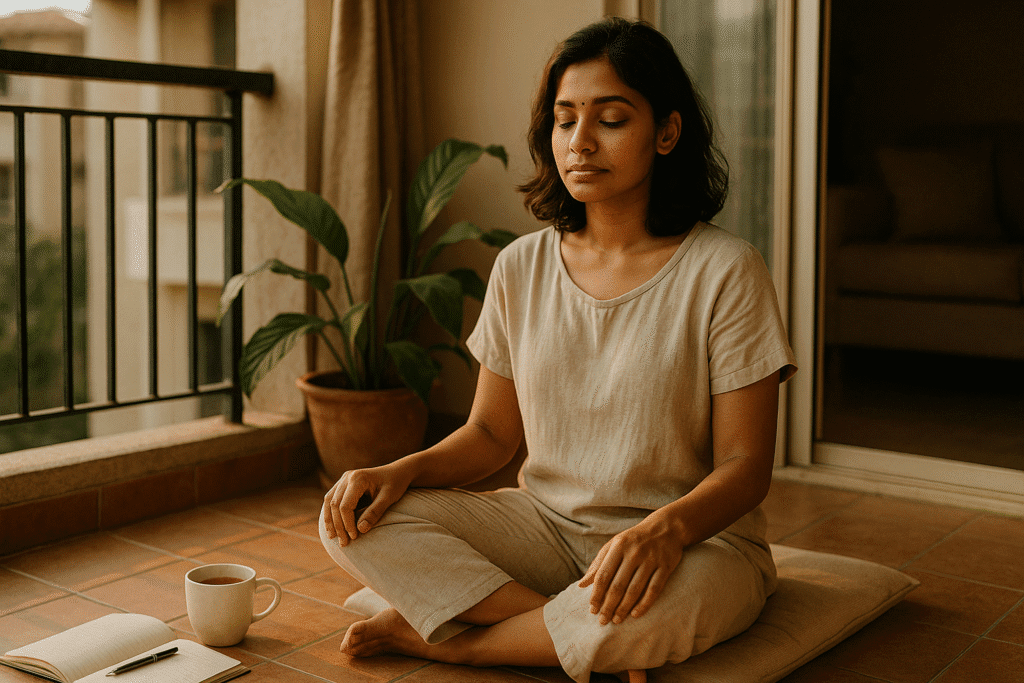 An Indian woman starting her day with grounding rituals for mental wellness