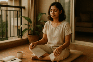 An Indian woman starting her day with grounding rituals for mental wellness