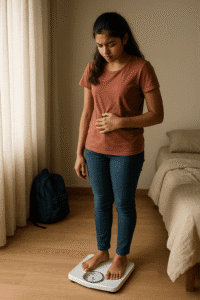 A teenage Indian girl reflecting on unexplained changes while exploring PCOS Causes