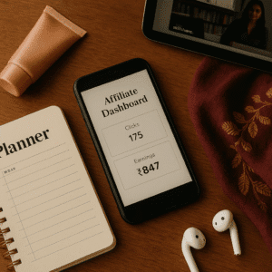 Flat lay of phone showing affiliate earnings beside planner and everyday items for passive income