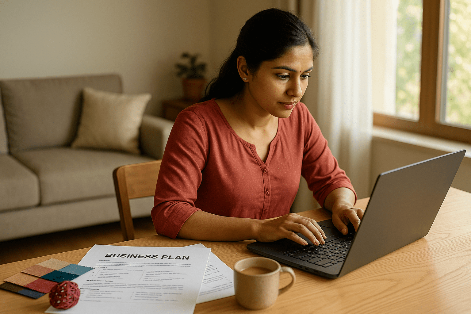 Indian woman applying for e-Mudra Loan on her laptop with business plan on table