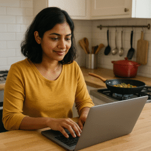 Indian woman blogging while cooking, investing her time wisely to earn from blogging
