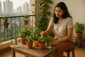 A young Indian woman practicing kitchen gardening on her apartment balcony with DIY containers