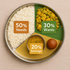 Indian thali with rice, sabzi, dal, and sweet showing the 50 30 20 budgeting rule as 50% needs, 30% wants, and 20% savings.
