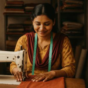 Indian woman using a sewing machine supported by the PMMY Scheme