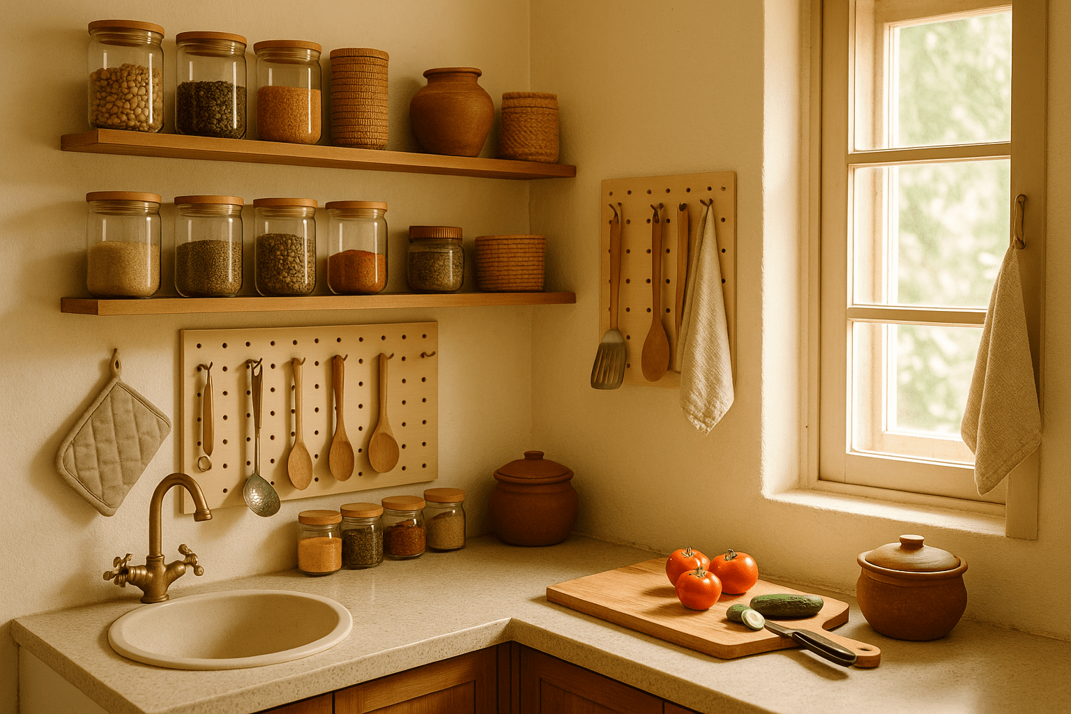 Neatly organized small Indian kitchen with natural lighting and clever storage solutions