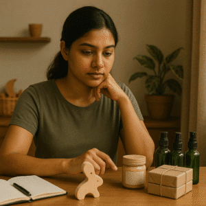 Indian woman evaluating niche product options for drop shipping