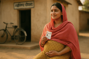 A pregnant Indian woman sitting near a health centre, symbolizing pradhan mantri matru vandana yojana benefits