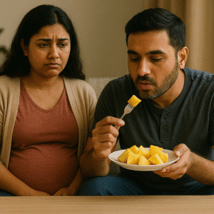 Pregnant Indian woman looking sadly at husband eating pineapple — a moment reflecting pregnancy myths and facts
