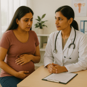 Pregnant Indian woman speaking with gynecologist — seeking medical advice about pregnancy spotting