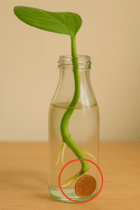 Copper coin placed in bottle to nourish money plant in water