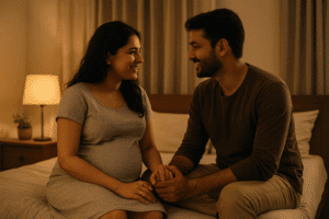 Indian couple sitting together in a warm bedroom, showing emotional closeness and comfort about sex during pregnancy