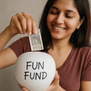 Money management tips for beginners – young Indian woman adding money to her Fun Fund for guilt-free spending