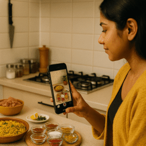 A confident Indian woman recording biryani ingredients in her cozy kitchen