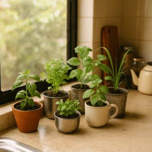 Repurposed containers with tulsi, dhania, methi, and lemongrass on a kitchen windowsill to grow herbs at home