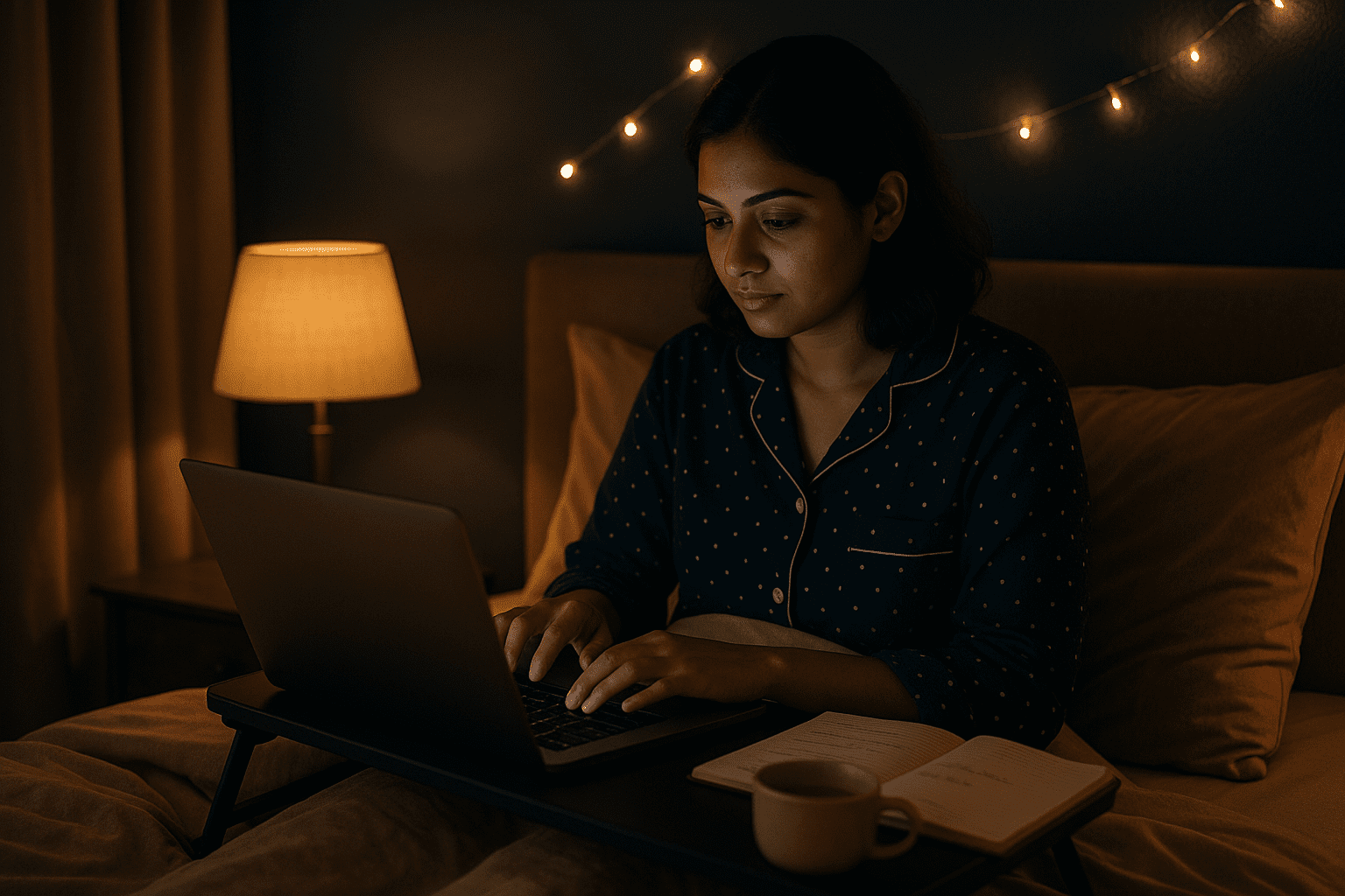Indian woman working on her blog at night from bed to earn from blogging