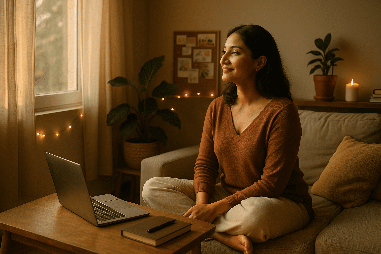 Indian woman enjoying calm and confidence from building passive income — Earn from Home emotion