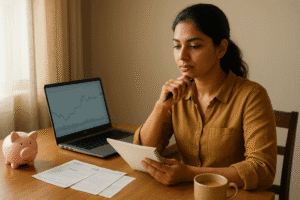 Indian woman at home desk planning money moves, exploring investment schemes for women