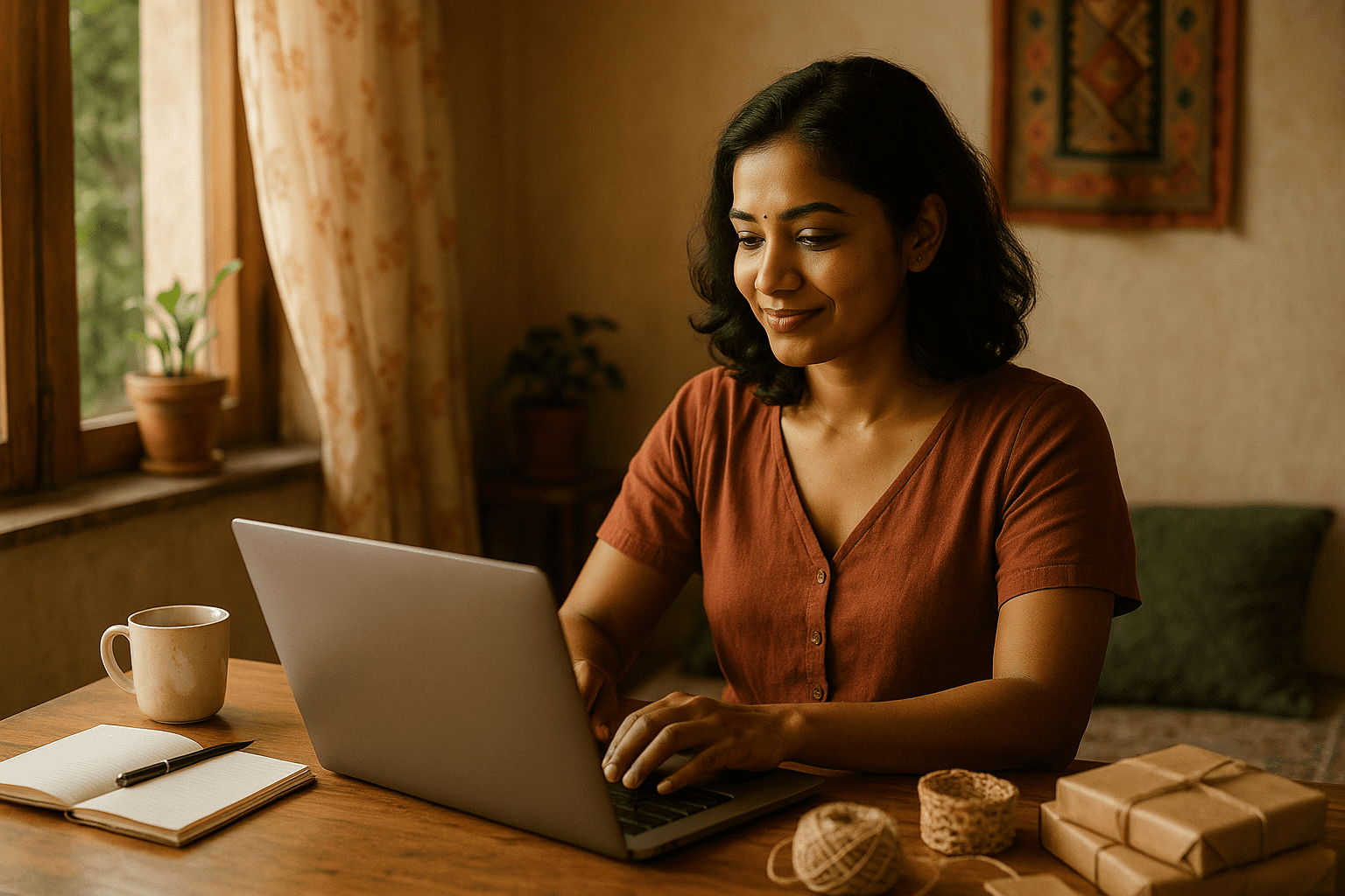 Empowered Indian woman exploring side hustle ideas from home