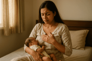 Indian mother experiencing engorged breasts gently cradling her newborn in a warm home setting