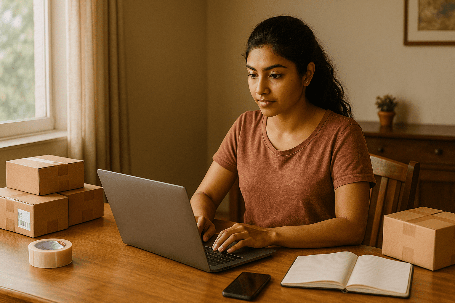 A confident Indian woman working on her drop shipping business from home