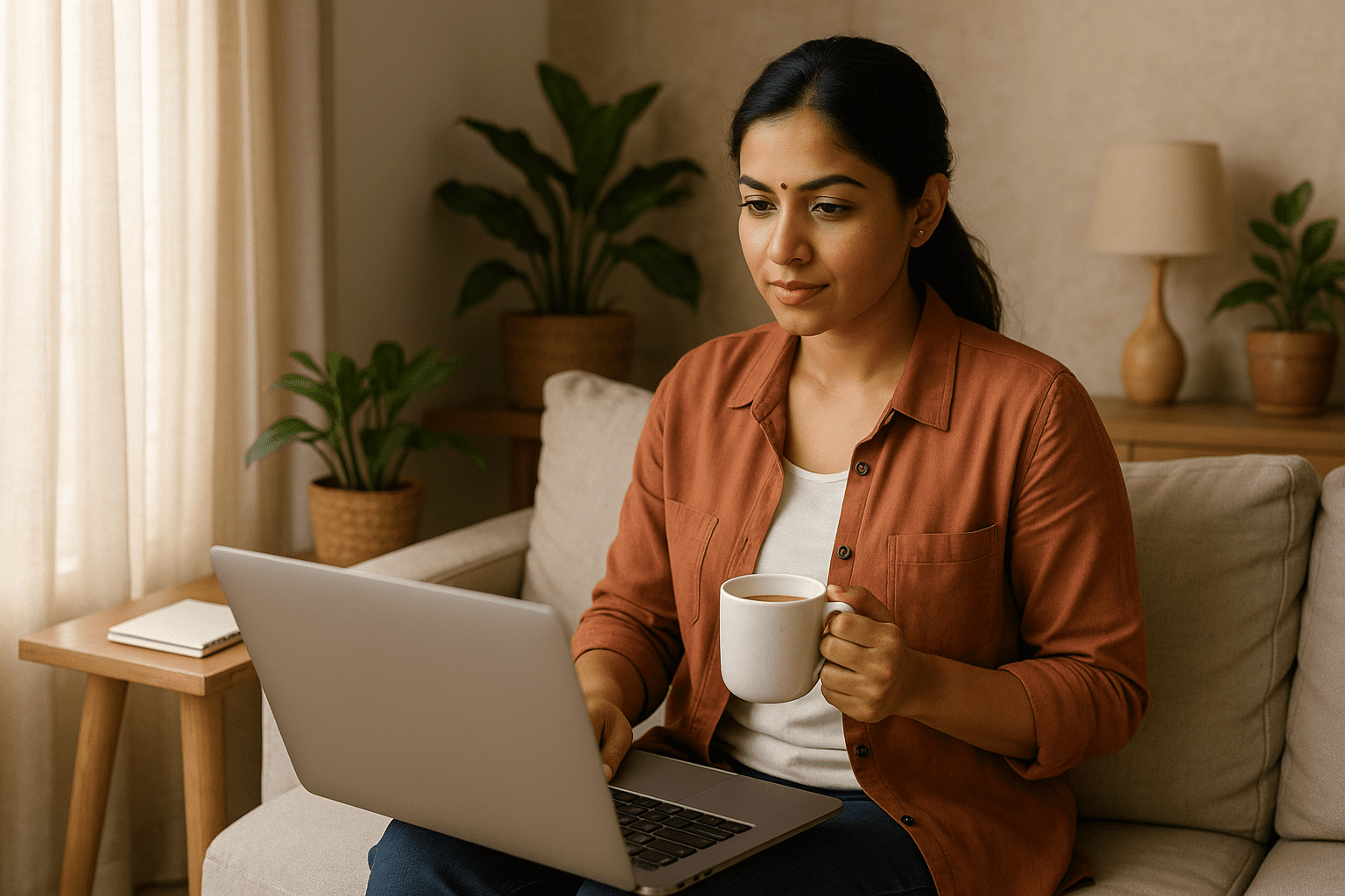 Confident Indian woman working from home, exploring freelance jobs for women