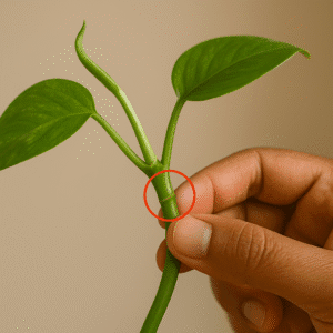 Hand holding stem to show node clearly on money plant in water