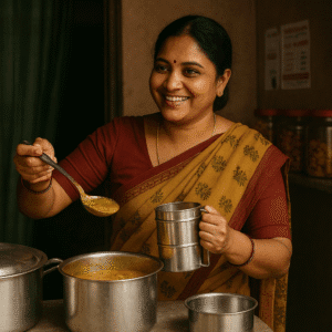 Indian woman serving home-cooked food under the PMMY Scheme