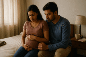 Worried Indian couple sitting together, pregnant woman holding belly — reflecting concern about pregnancy spotting
