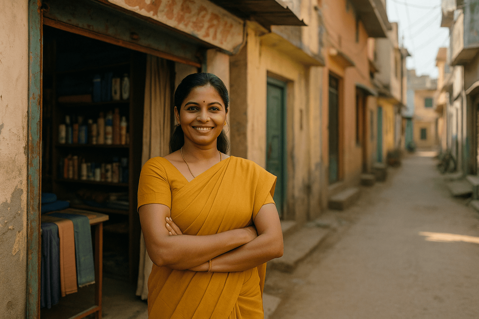 Confident Indian woman entrepreneur standing outside her small shop under the PMMY Scheme