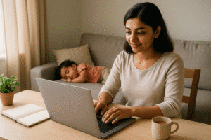 Indian woman exploring fiverr jobs for beginners while working from home during her child’s nap