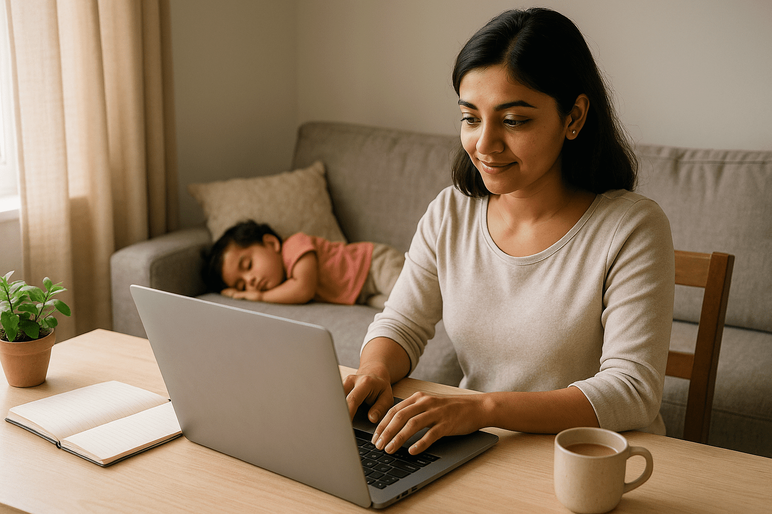 Indian woman exploring fiverr jobs for beginners while working from home during her child’s nap