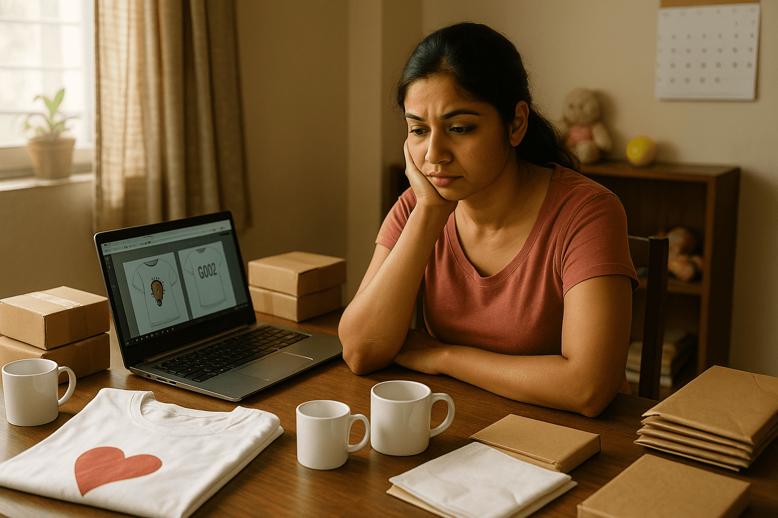 A woman’s quiet struggle and reflection while managing her print on demand business at home