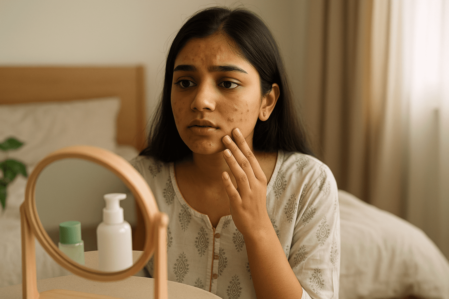 Young Indian woman touching her face, showing acne and oily skin due to hidden PCOS causes