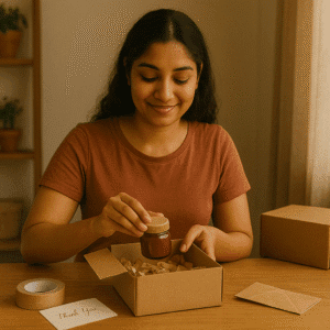 Indian woman carefully packing first drop shipping order with gratitude