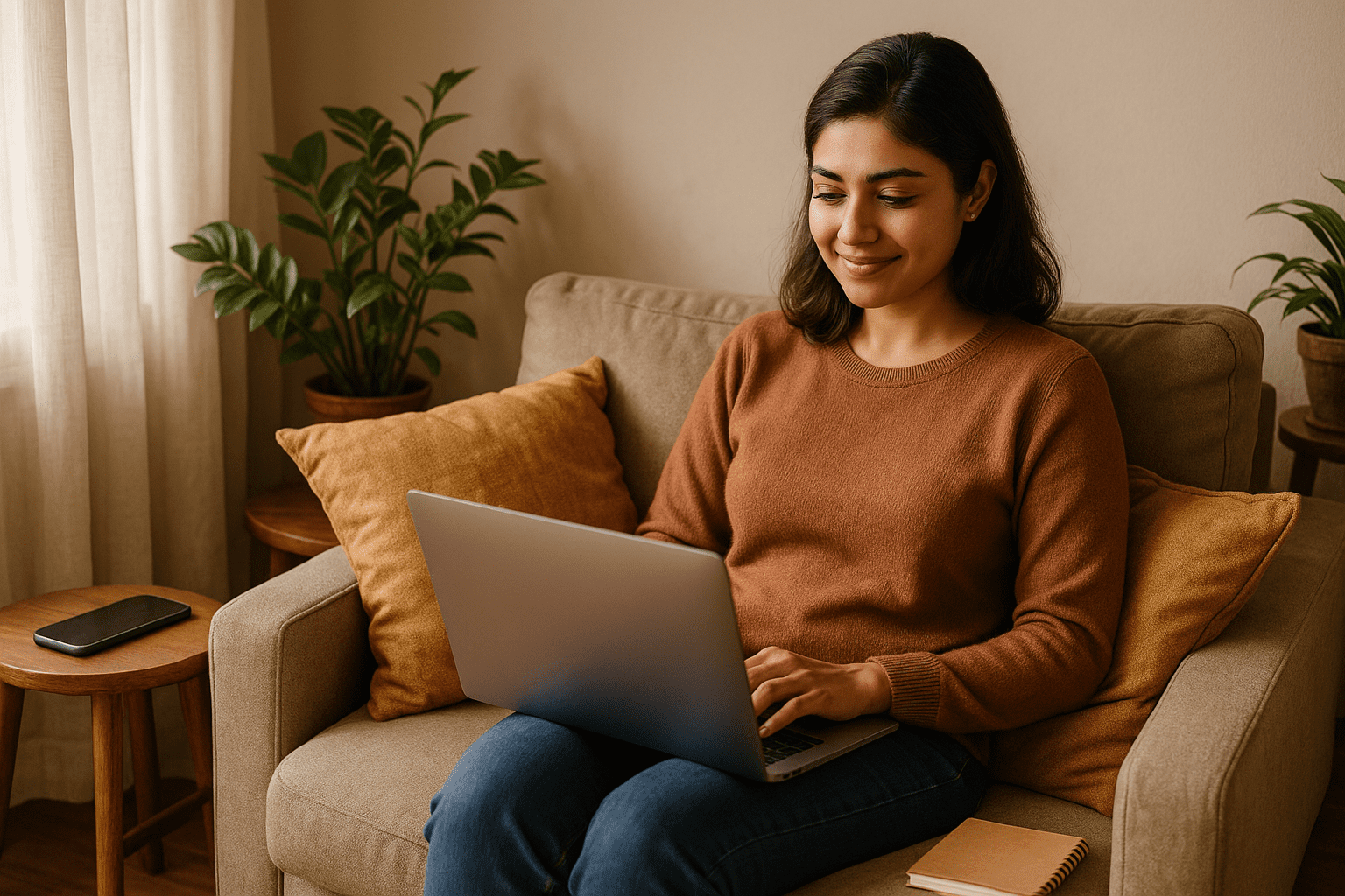 An Indian woman working calmly from home to earn money online